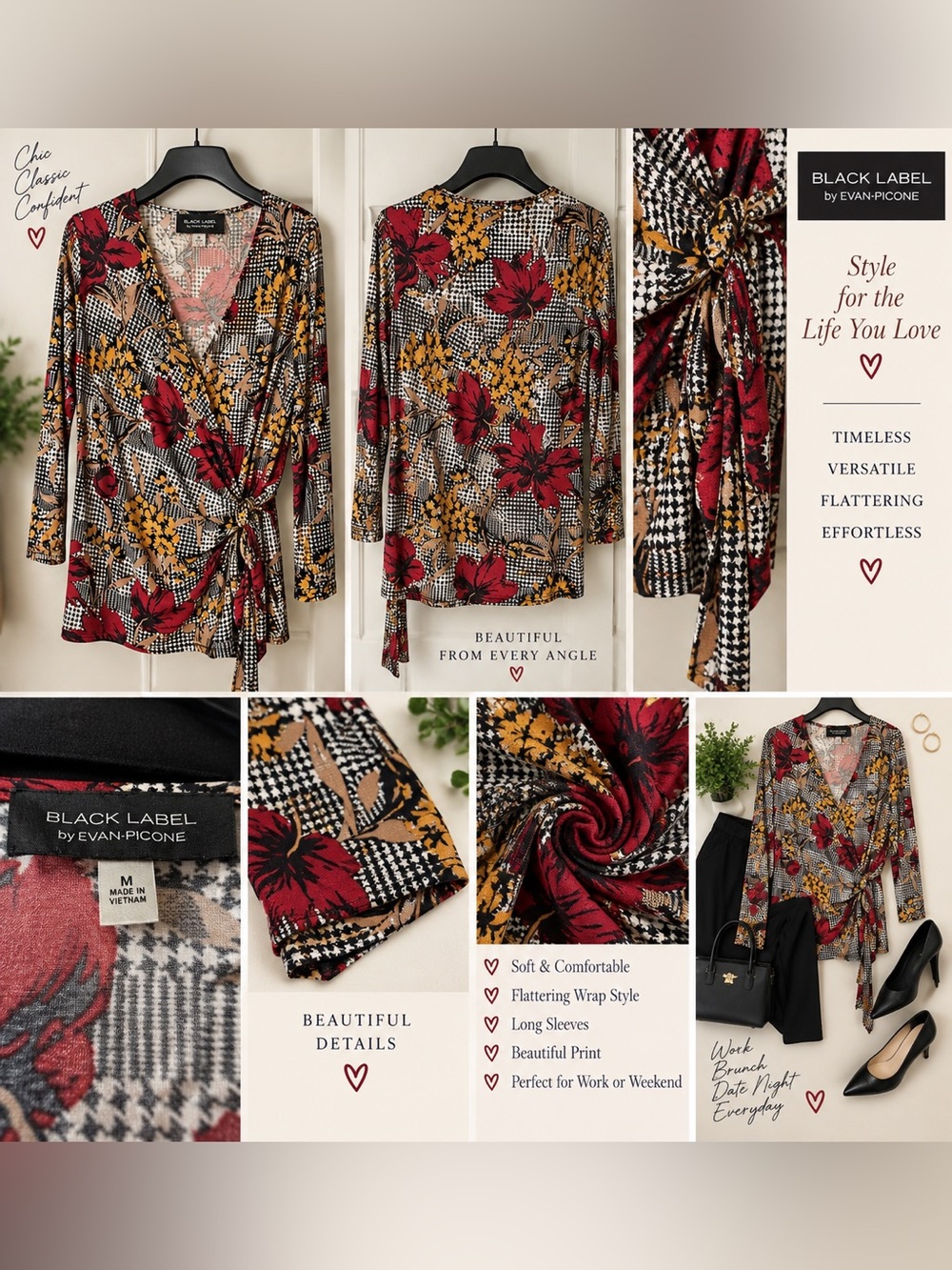 Black Label by Evan-Picone M Floral Houndstooth Wrap Top Tie Waist